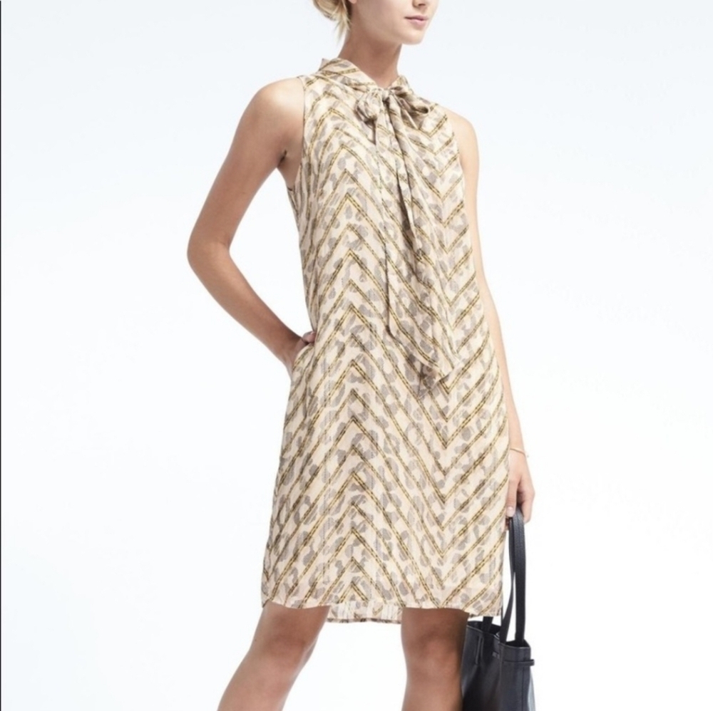 Banana Republic Sleeveless Chevron Midi Dress in Cream and Gold